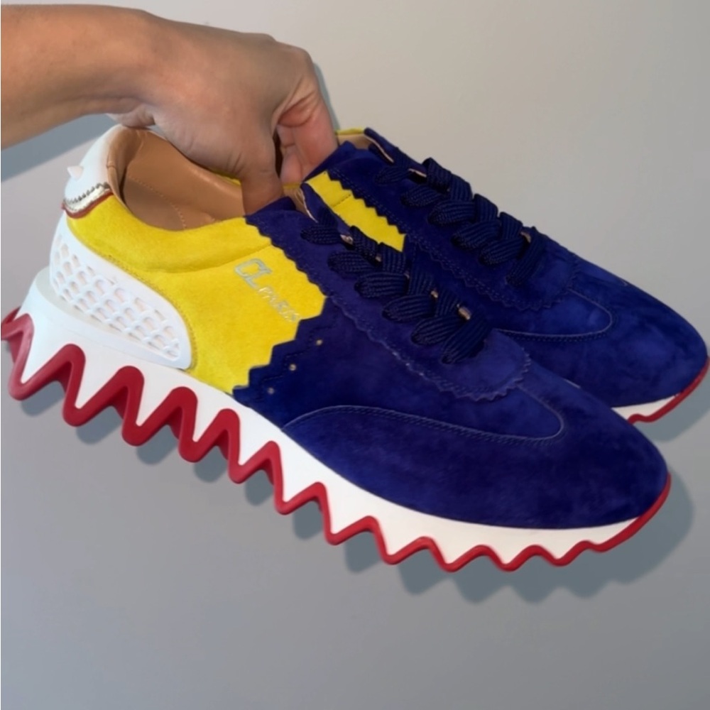 Christian Louboutin Blue and Yellow suede shark platform sneakers